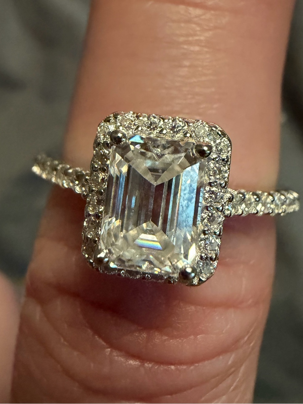 Classic Emerald-Cut Halo Engagement Ring - White/Silver size 7